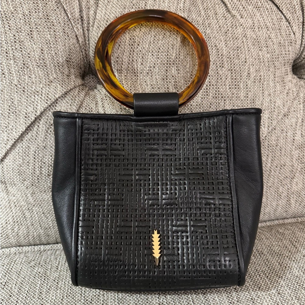 Mini black Leather Bucket bag with Tortoiseshell Handle